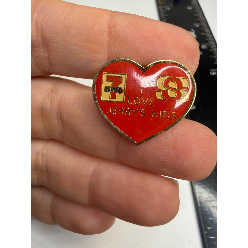 Vintage 7-Eleven I Love Jerry's Kids Heart Enamel Pin MDA Charity Red Gold Tone
